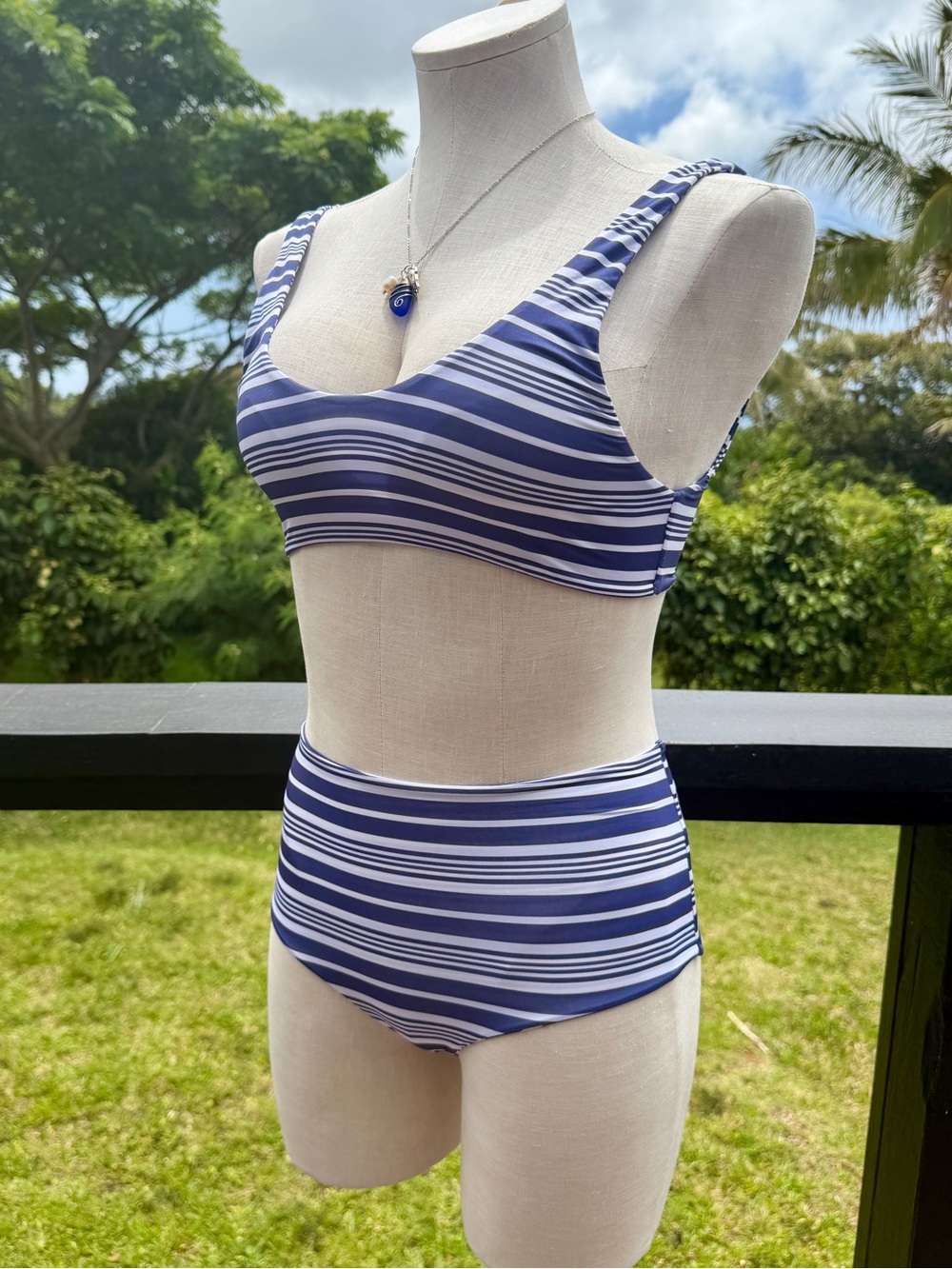 MAI Blue & White Striped High Waisted Bikini Set M beautiful condition so soft